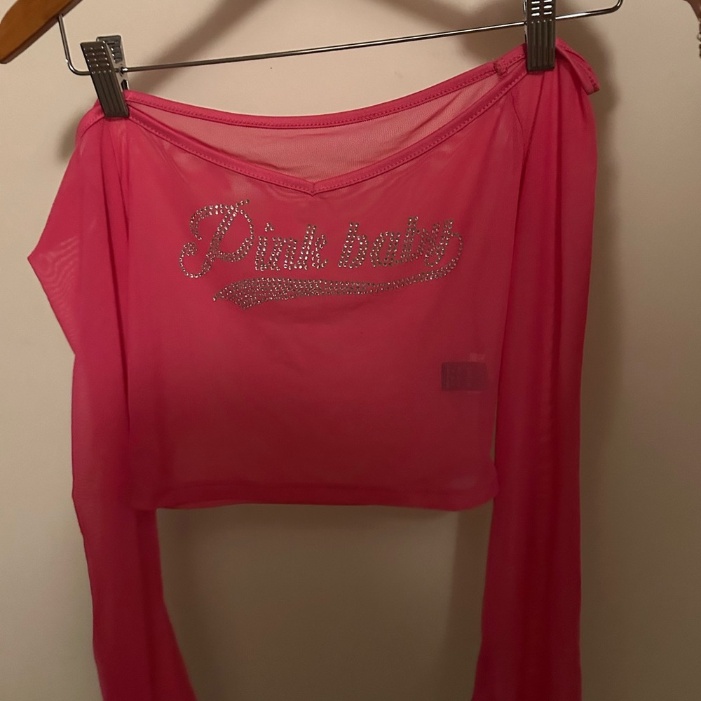 Pink Sheer Off-the-shoulder Long Sleeve Top - Picture 1 of 2